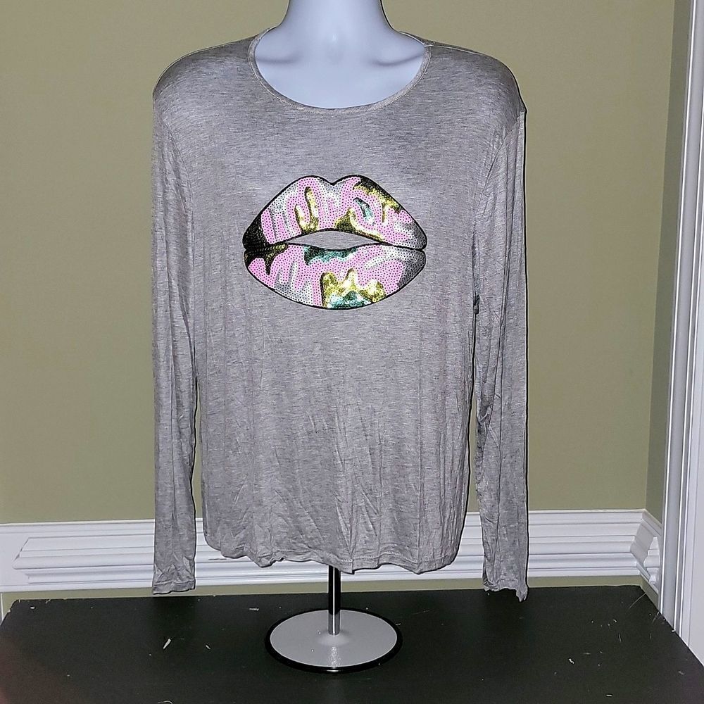 Melissa Masse Heather Gray Top Sequin Camo Lips Women's Plus Sz XXL 2X